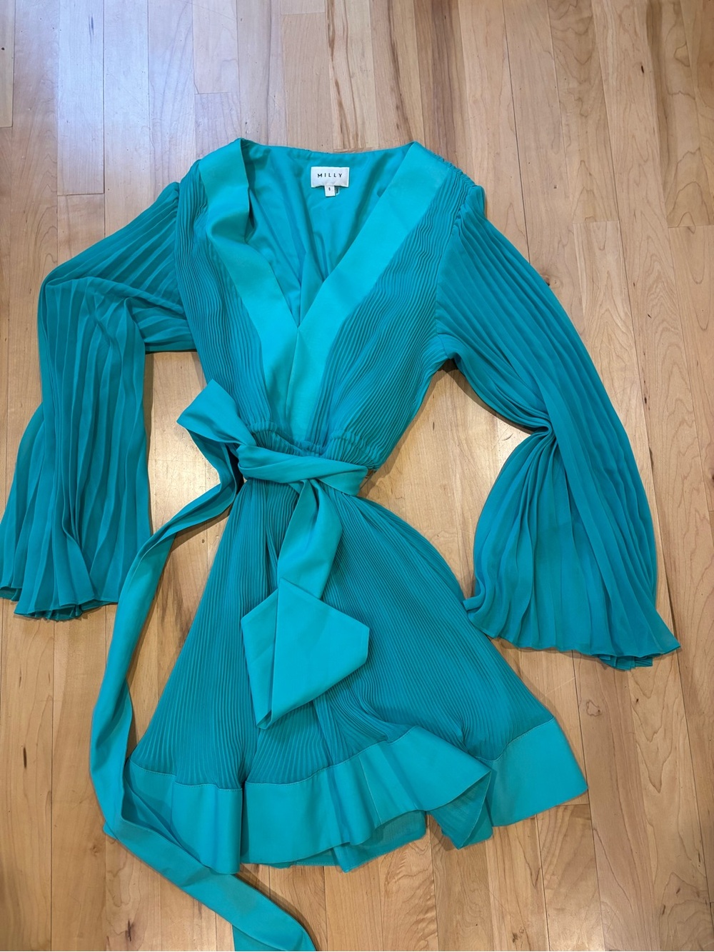 Milly Size 6 Liv Women's Teal Pleated Bell Sleeve Mini Dress